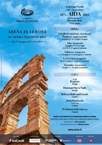 Arena di Verona, il 98.mo Festival inizia il 19 giugno con Riccardo Muti per il 150.mo di Aida