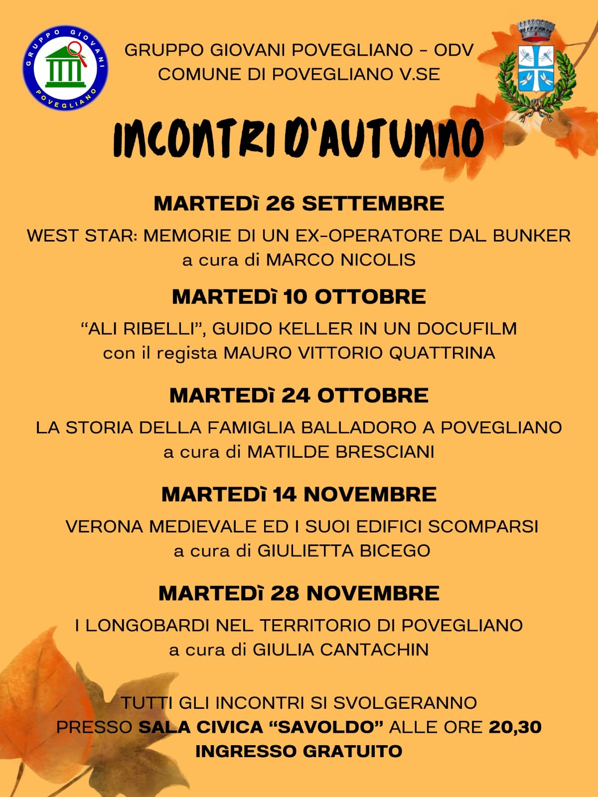 “Incontri d’autunno”: cinque martedì culturali a Povegliano