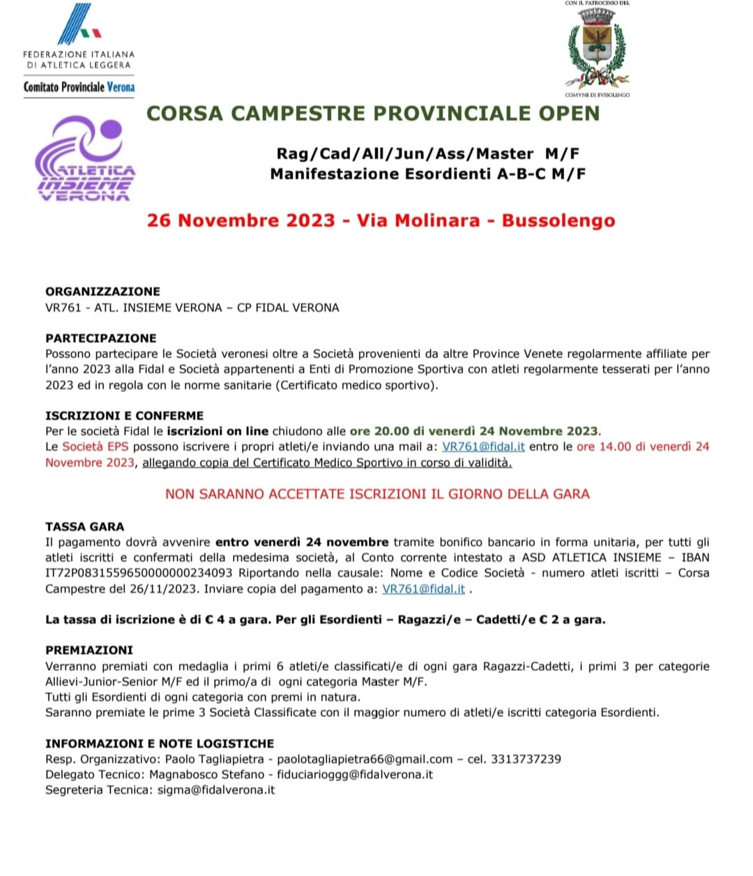 Bussolengo: domani 26 novembre in via Molinara Corsa Campestre Provinciale Open