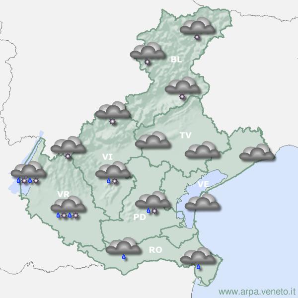 Meteo Veneto, nevicate in montagna e precipitazioni estese a ovest