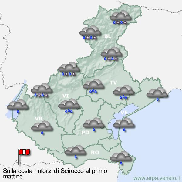 Meteo in Veneto, allerta per un sabato di pioggia, neve e forti venti anche in pianura