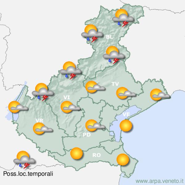 Meteo Veneto, stato di attenzione per temporali improvvisi e violenti nelle prossime ore