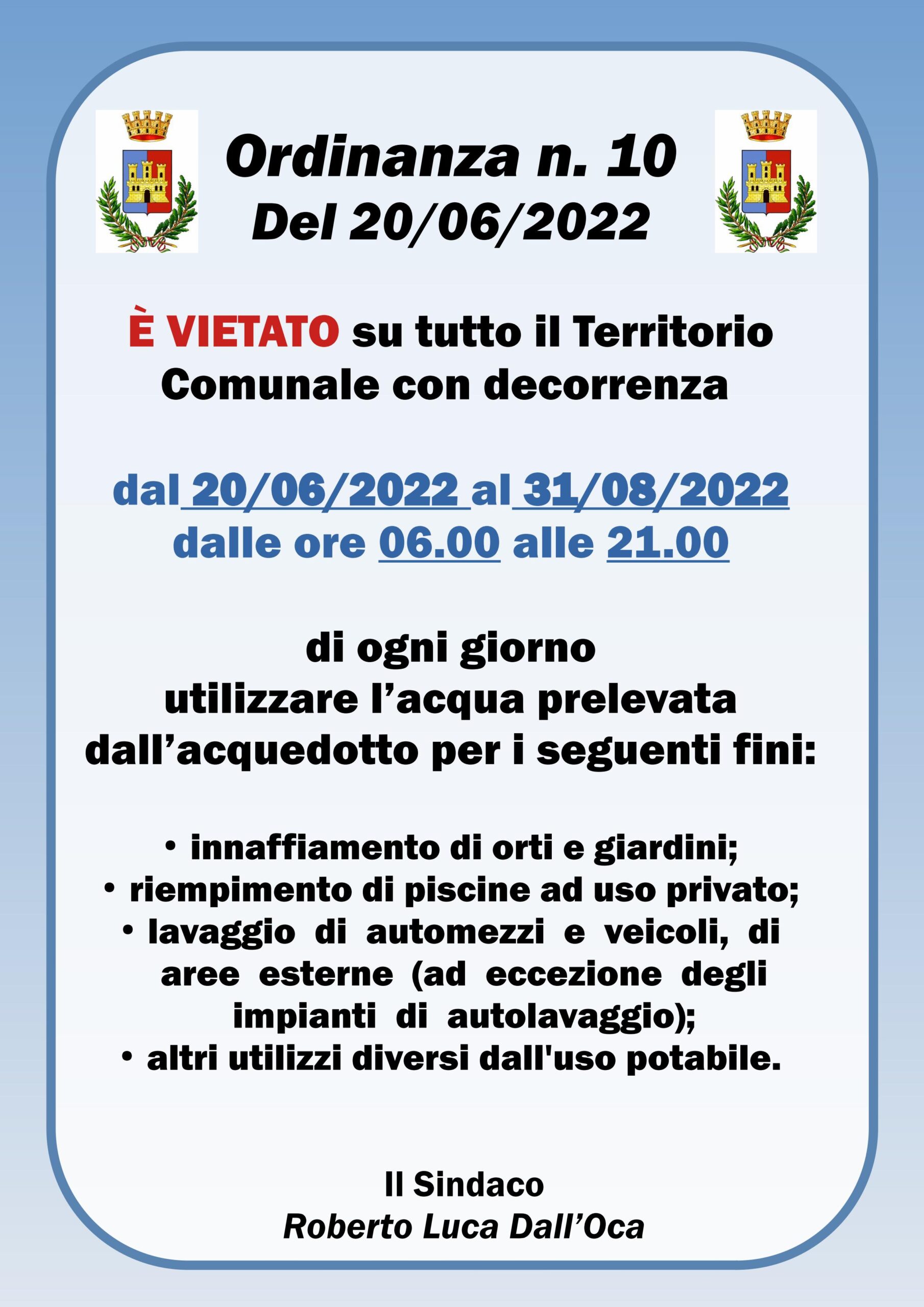 Villafranca limita il consumo dell’acqua potabile fino al 31 agosto