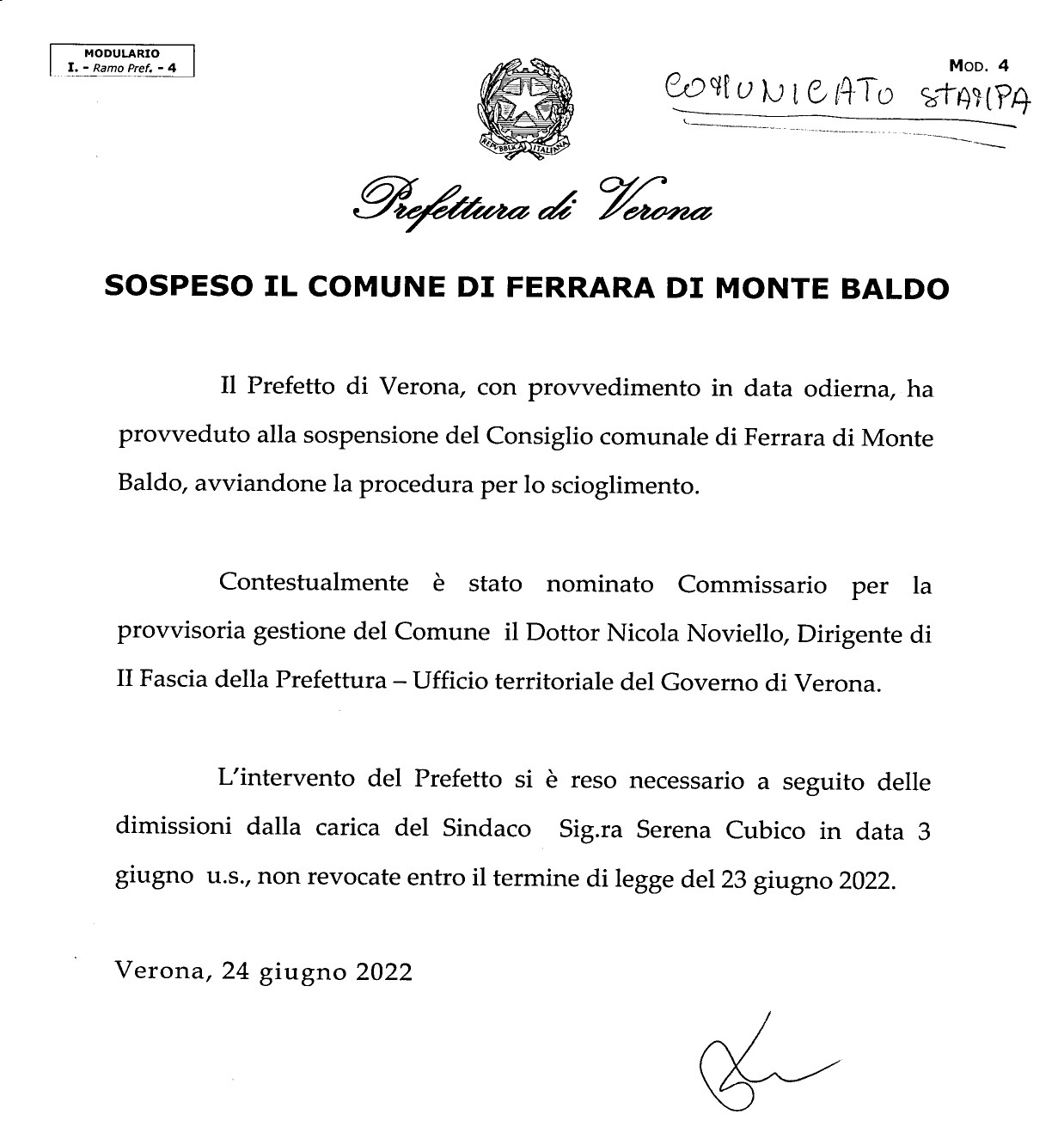 Ferrara di Monte Baldo, il Prefetto nomina il Commissario e manda a casa il Consiglio comunale