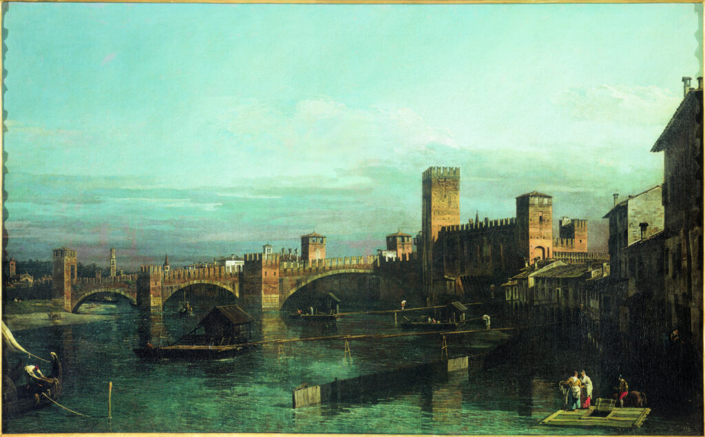 Bernardo Bellotto Veduta di Verona con Castelvecchio e il ponte Scaligero da monte dellAdige 1745ca